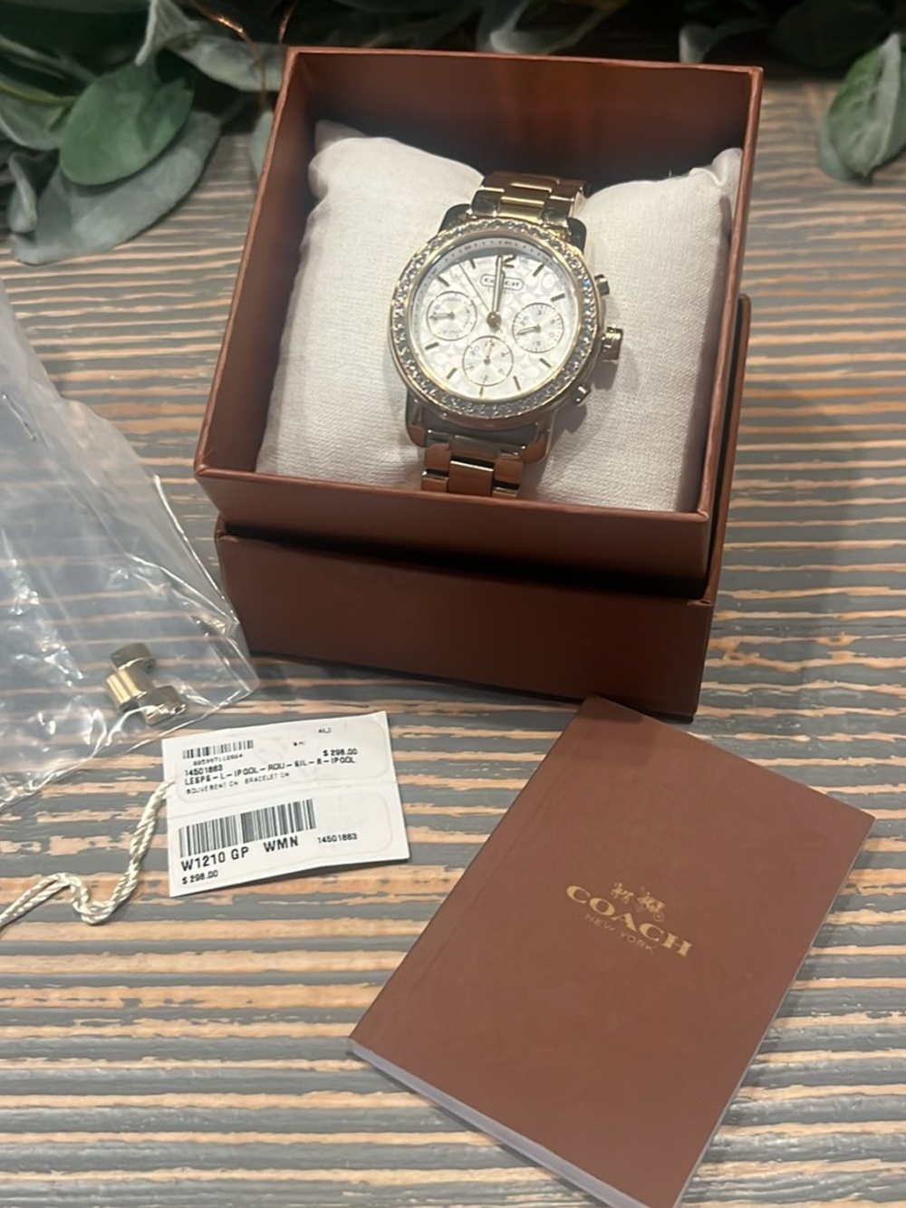 Coach Gold Tone Crystal-Trim Chronograph Watch with Signature C Dial.